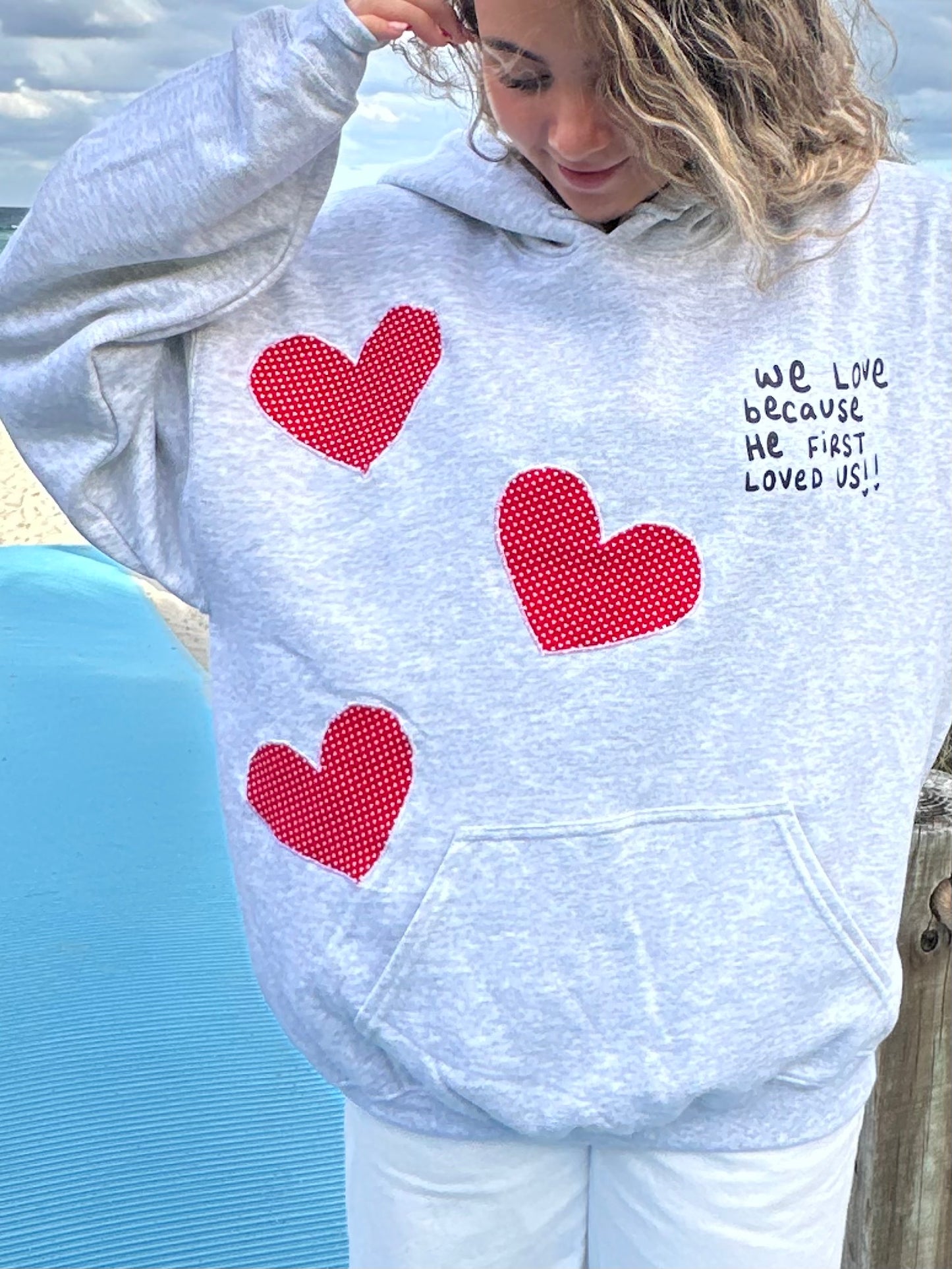 "He First Loved Us" patchwork hoodie