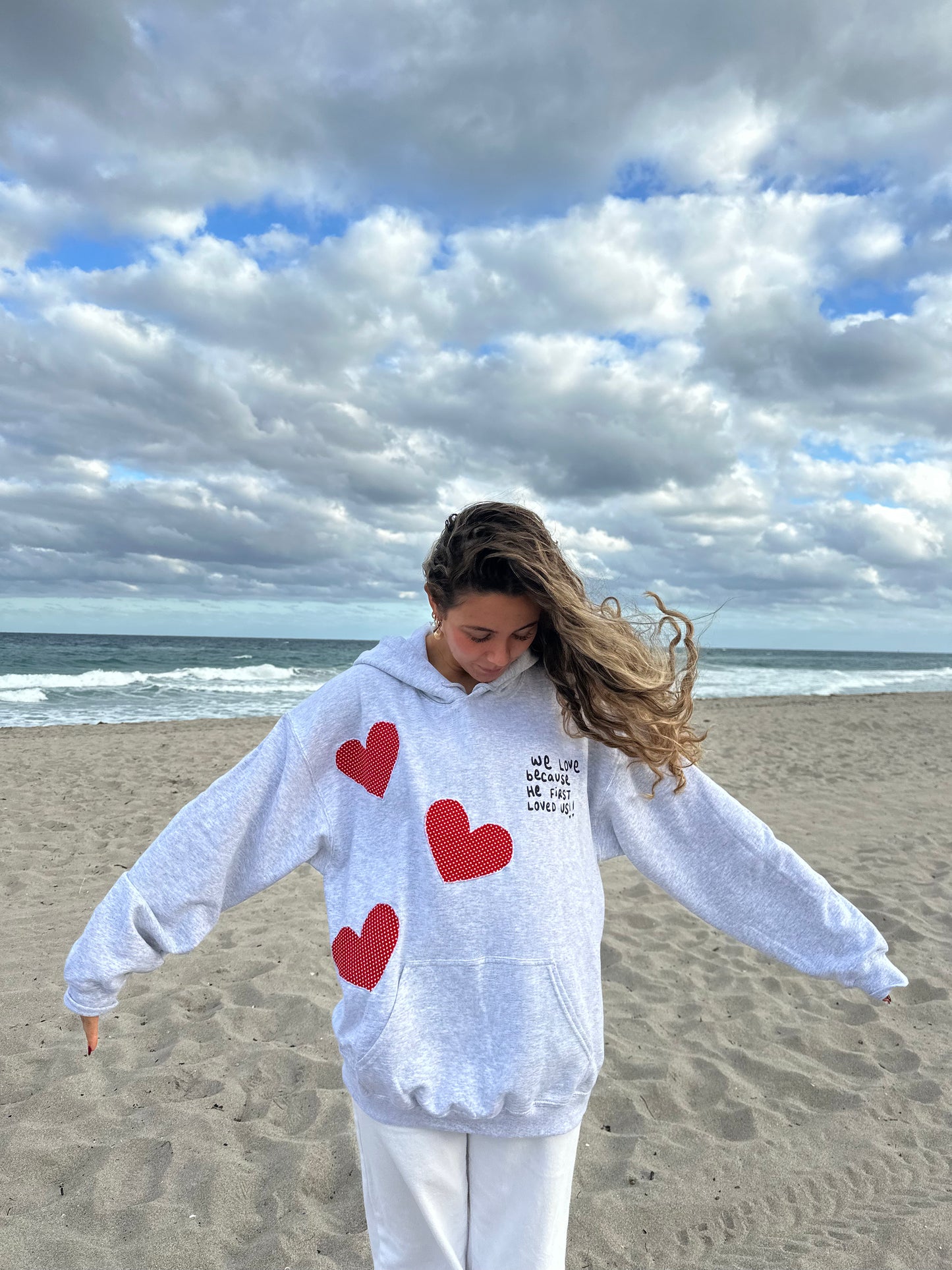 "He First Loved Us" patchwork hoodie