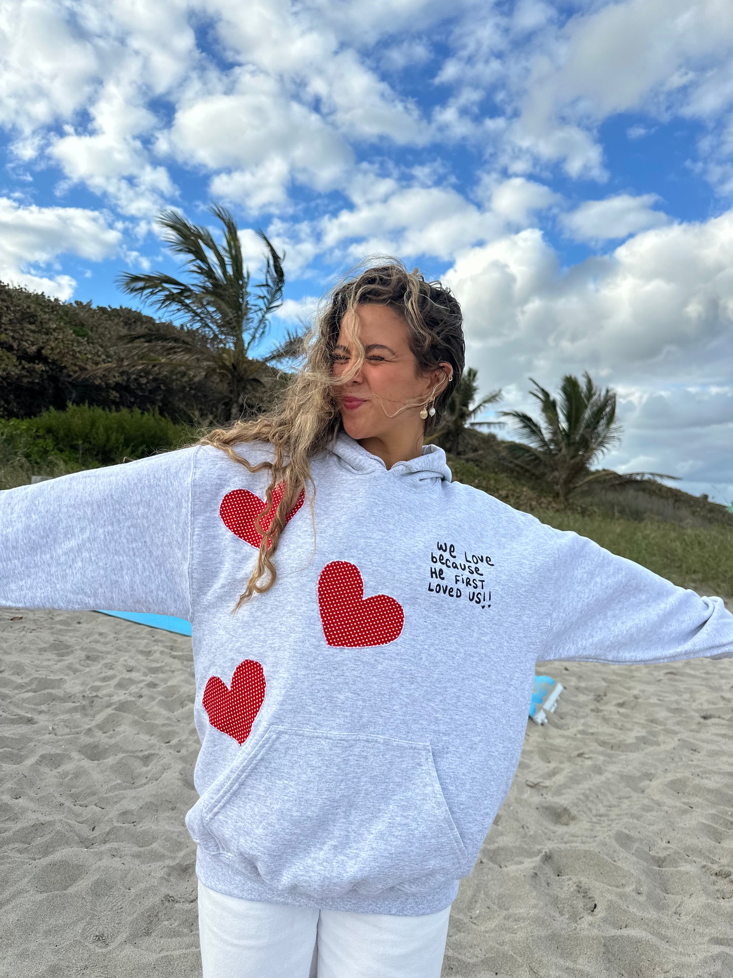 "He First Loved Us" patchwork hoodie