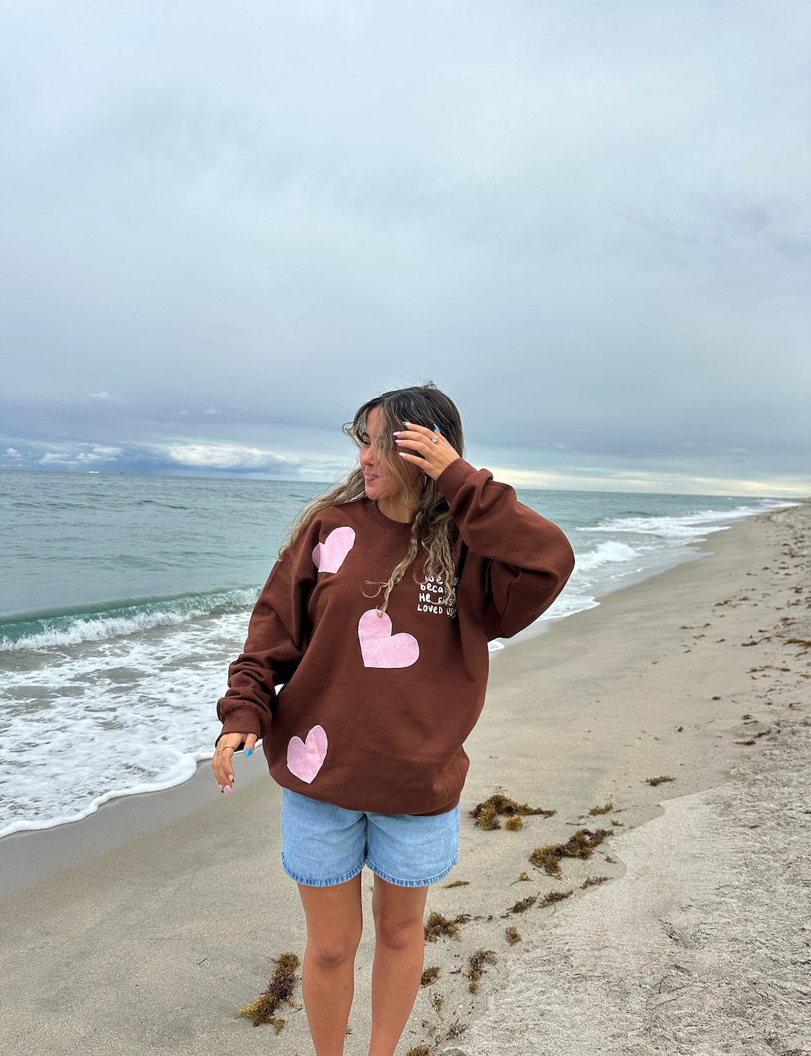 "He First Loved Us" patchwork brown crew