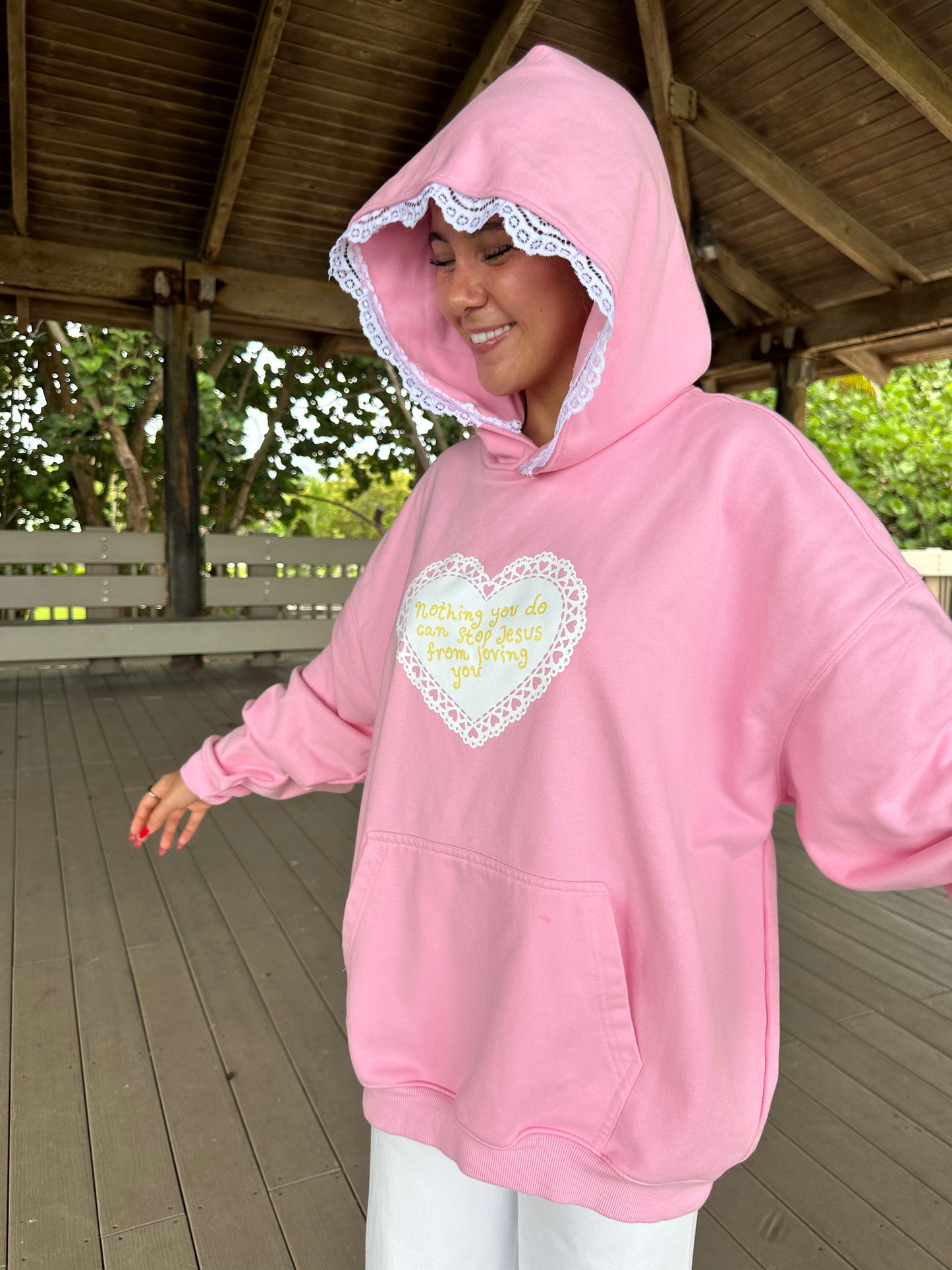 "nothing you do can stop Jesus from loving you" lace trim hoodie!