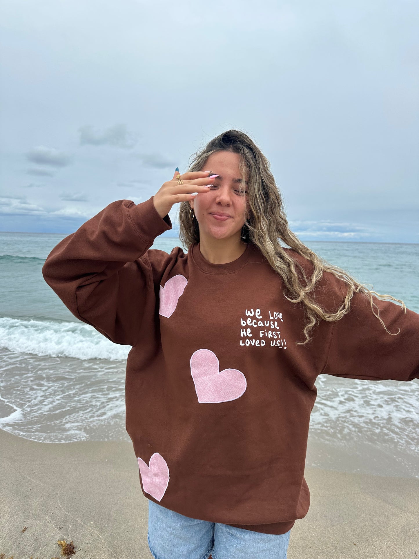 "He First Loved Us" patchwork brown crew