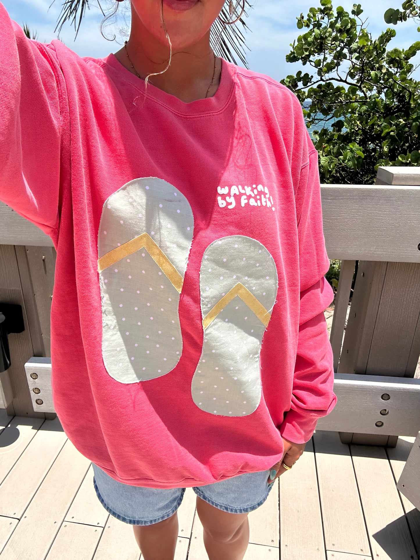 "walk by faith" patchwork crewneck